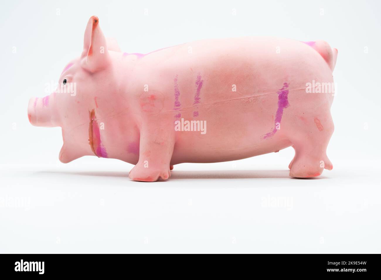 Seitenansicht von Kunststoff-Schwein Spielzeug auf weiß Stockfoto