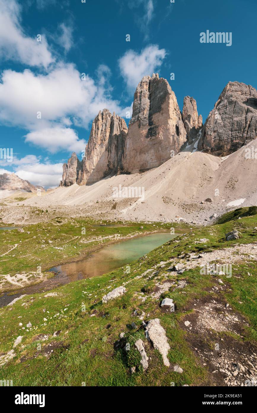 Der Tre Cime di Lavaredo Berg in den Dolomiten Stockfoto