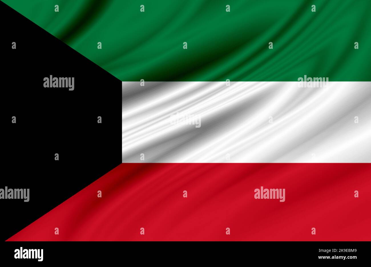 Abbildung Flagge von Kuwait. Nahaufnahme wehende Flagge von Kuwait. Flaggensymbole von Kuwait. Stockfoto