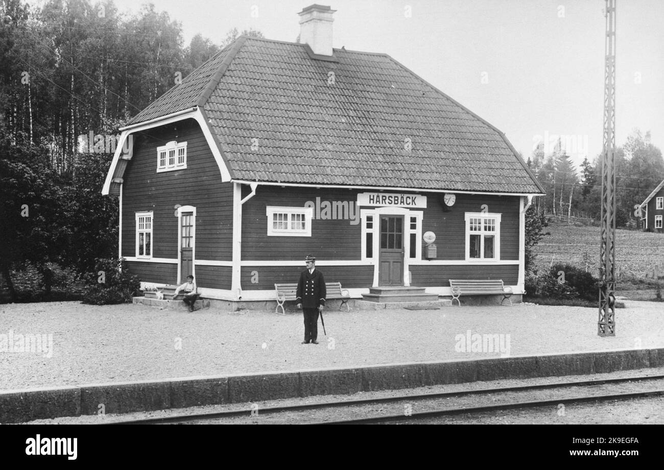 Die Haltestelle wurde 1906 erbaut und 1944 modernisiert. Einstöckiges Holzgebäude mit hohen Dächern. 1944 Renoviert. Nebengebäude, Frachtmagazin. Wurde 1938 zum Stopp. 1.12.1955 Mitarbeiter. Vagon-Lastverkehr T 1.10.1968. Kamm. Poststation 1906 - 1955 Stockfoto