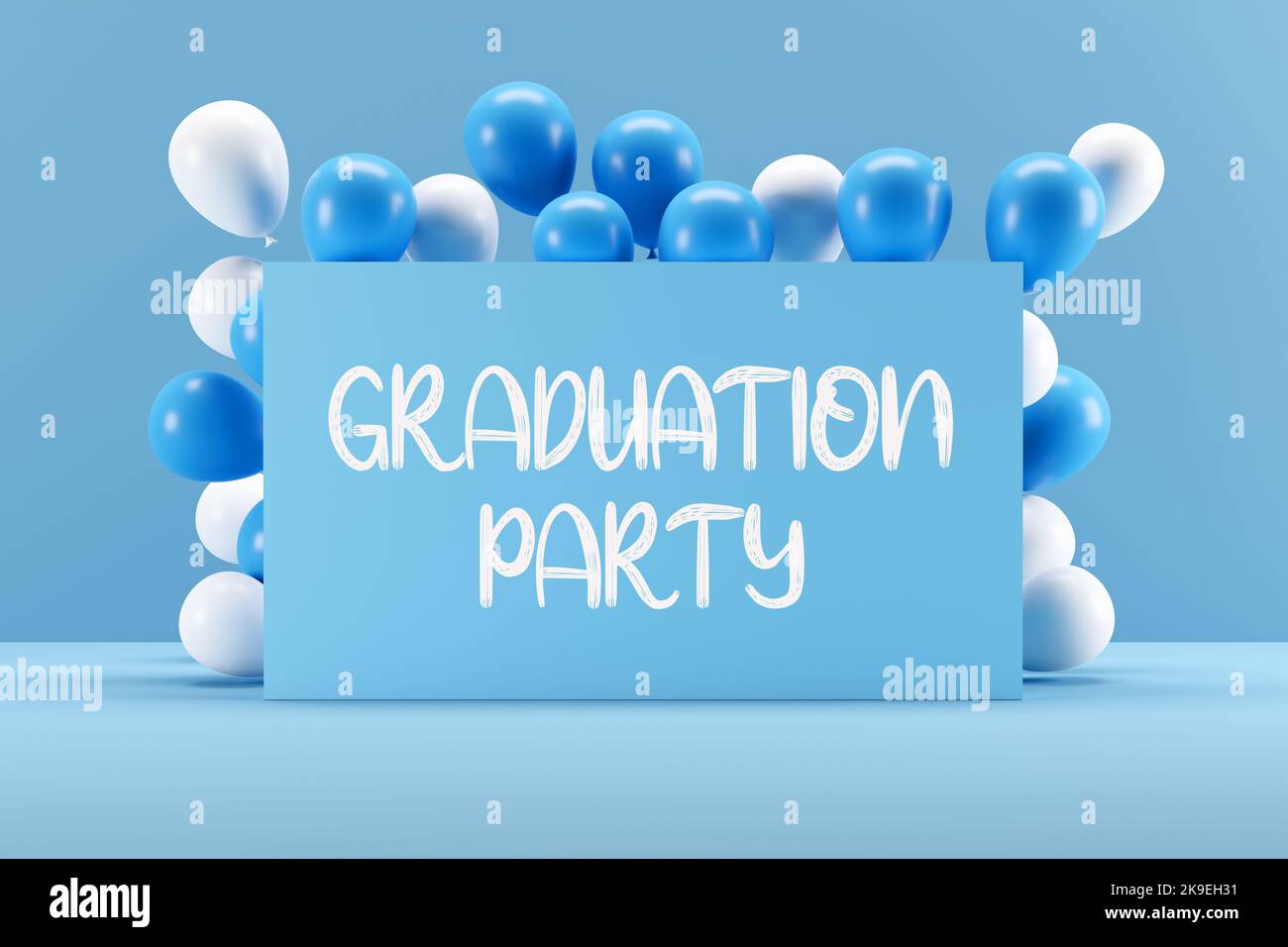 Blaues Schild mit der Message GRADUATION PARTY umrahmt mit Luftballons. Grußkarte zur Ankündigung der Einladung zur Abschlussfeier. 3D Rendern. Stockfoto