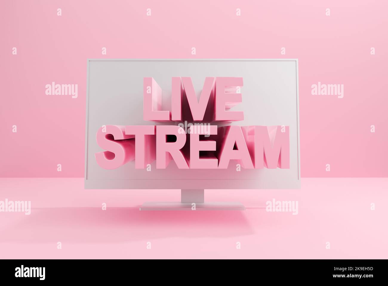 Online-Live-Stream-Übertragung auf das Internet-Konzept. Das Wort LIVE-STREAM knallt aus dem pc-Bildschirm. 3D Rendern. Stockfoto