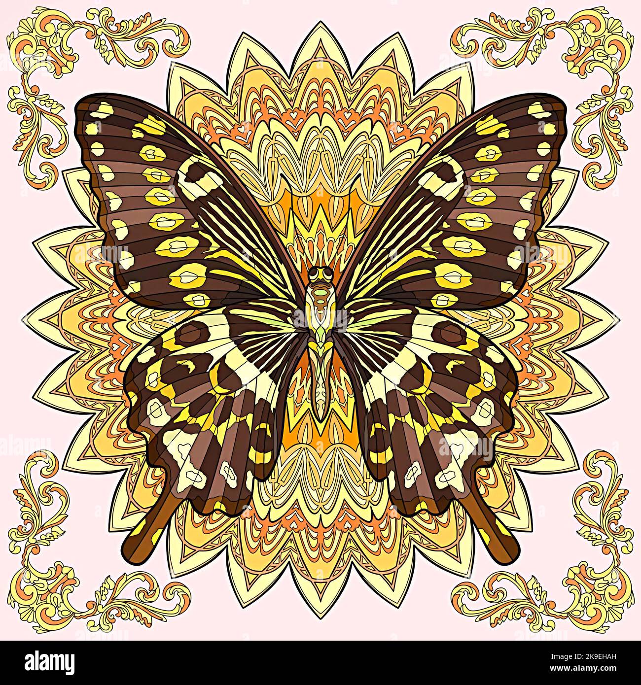 Darstellung eines Schmetterlings und eines Mandalas Stockfoto
