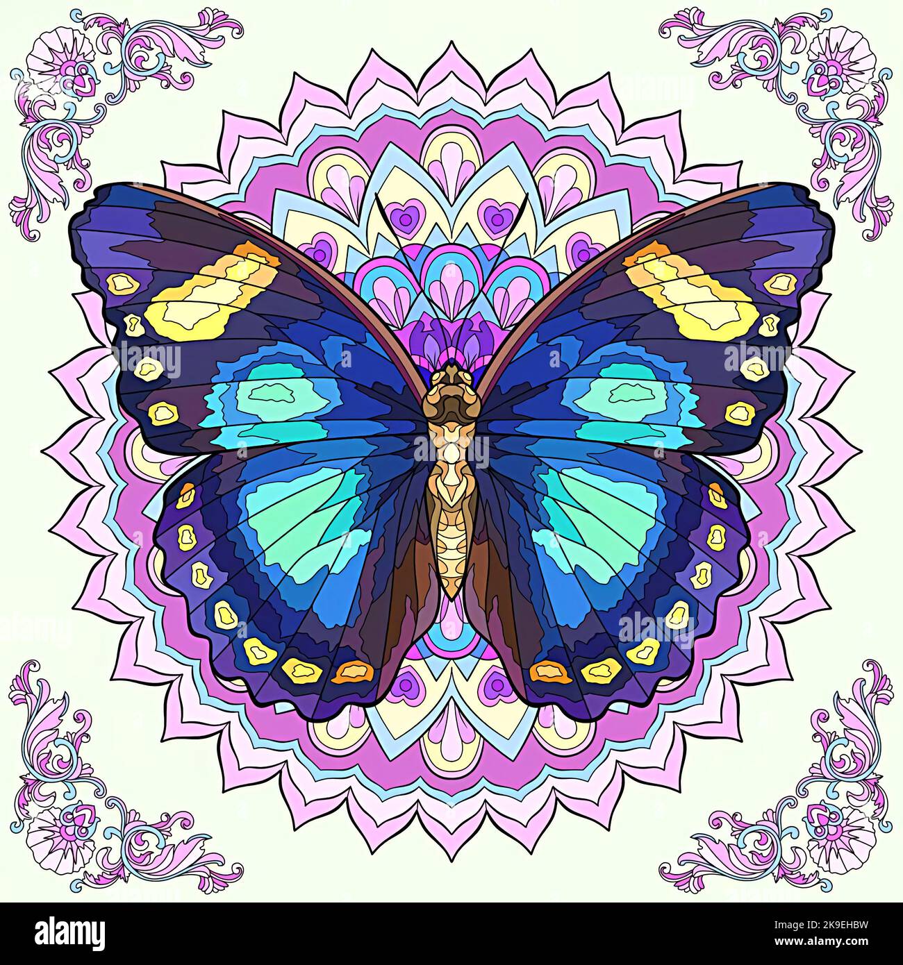 Darstellung eines Schmetterlings und eines Mandalas Stockfoto