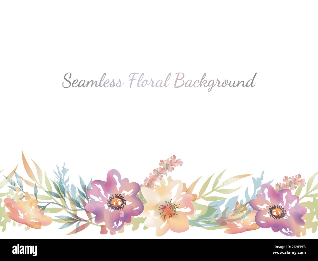 Aquarell nahtloser floraler Hintergrund mit Textbereich isoliert auf weißem Hintergrund, Vektorgrafik. Horizontal wiederholbar. Stock Vektor