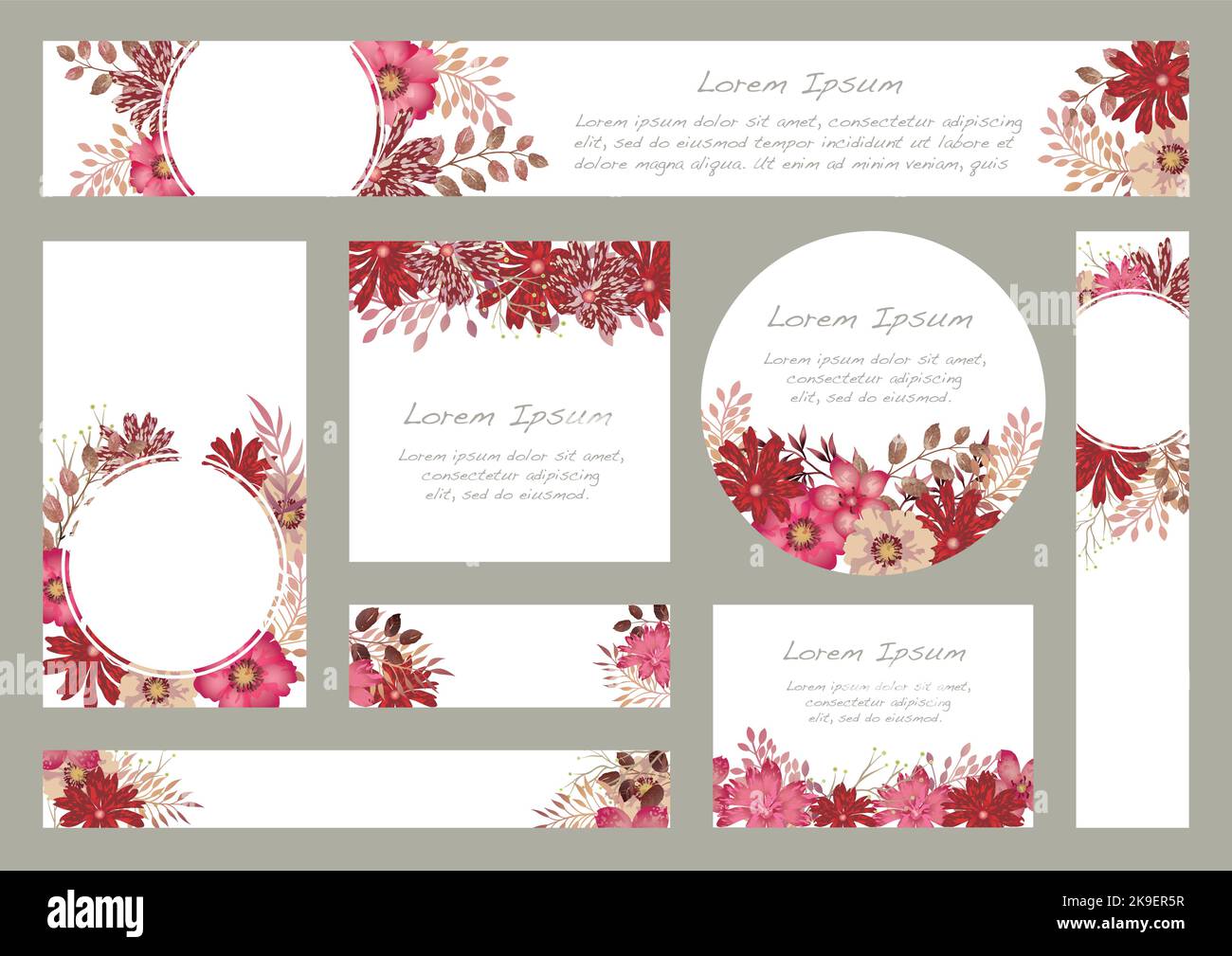 Aquarell-Blumenhintergründe mit Text Space isoliert auf Einem grauen Hintergrund gesetzt. Stock Vektor