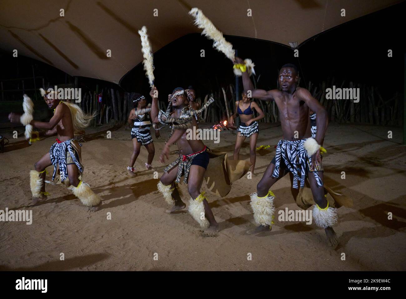 Die Shangaan-Gesangs- und Tanzvorstellung für Touristen, die in Hippo Hollow in der Provinz Mpumalanga übernachten Stockfoto