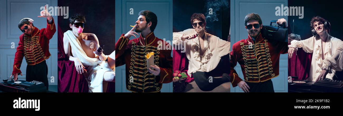 Set von Bildern von jungen Männern in Bildern von mittelalterlichen Personen aus berühmten Kunstwerken in Vintage-Kleidung auf dunklem Hintergrund. EAS-Vergleichskonzept Stockfoto