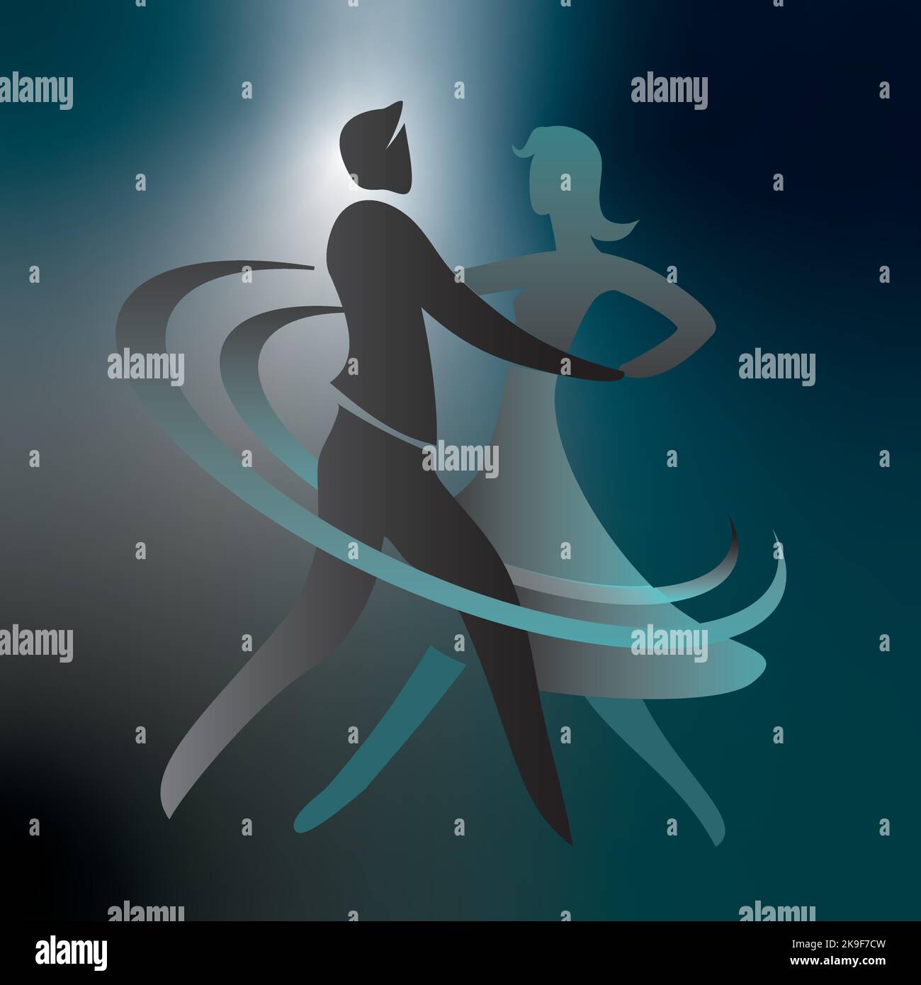Junges Paar, Tänzer im Ballsaal. Stilisierte Zeichnung mit Silhouetten tanzender Paare. Vektor verfügbar. Stock Vektor
