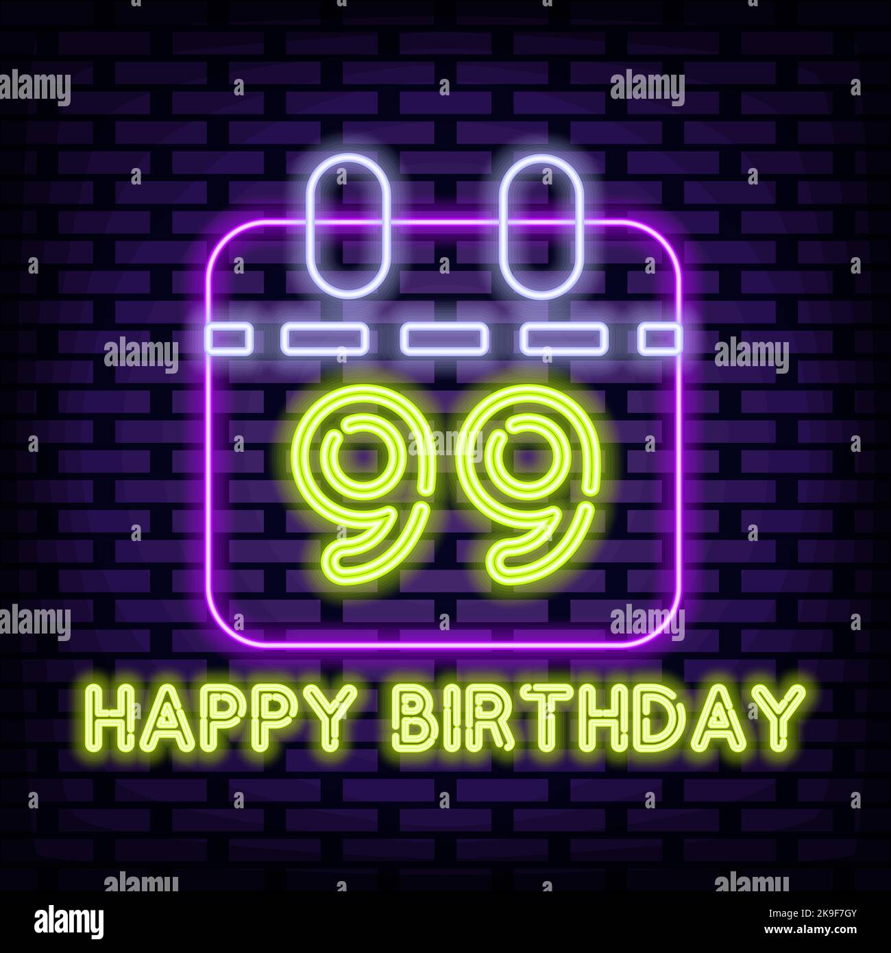 99. alles gute zum Geburtstag 99 Jahre alte Neon unterschreiben. Neon-Skript. Leuchtreklame. Stock Vektor