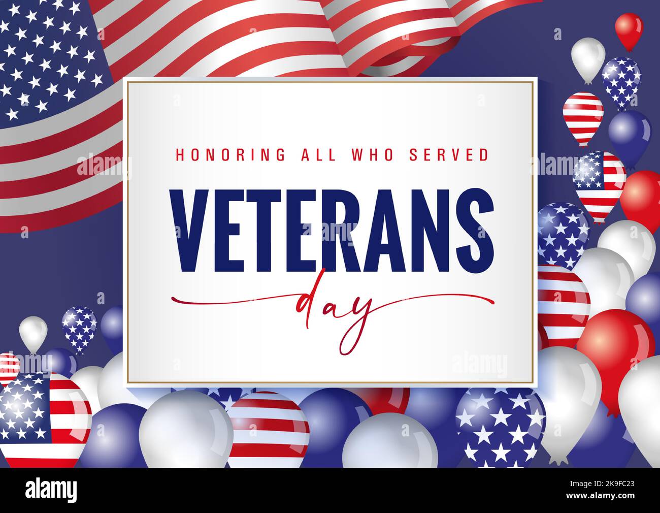 Veterans Day Urlaub USA Banner. Zu Ehren aller, die Grußkarte mit Flagge der Vereinigten Staaten und Ballons serviert. Vektorgrafik Stock Vektor