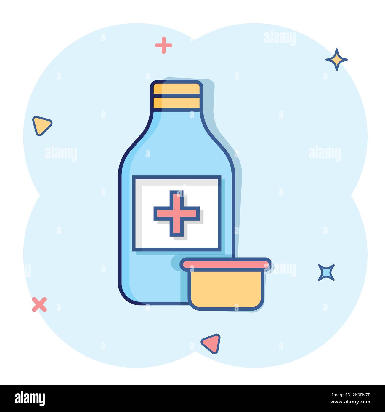 Pille Flasche Symbol im Comic-Stil. Drogen Cartoon Vektor-Illustration auf weißem isolierten Hintergrund. Pharmazie Splash-Effekt Geschäftskonzept. Stock Vektor