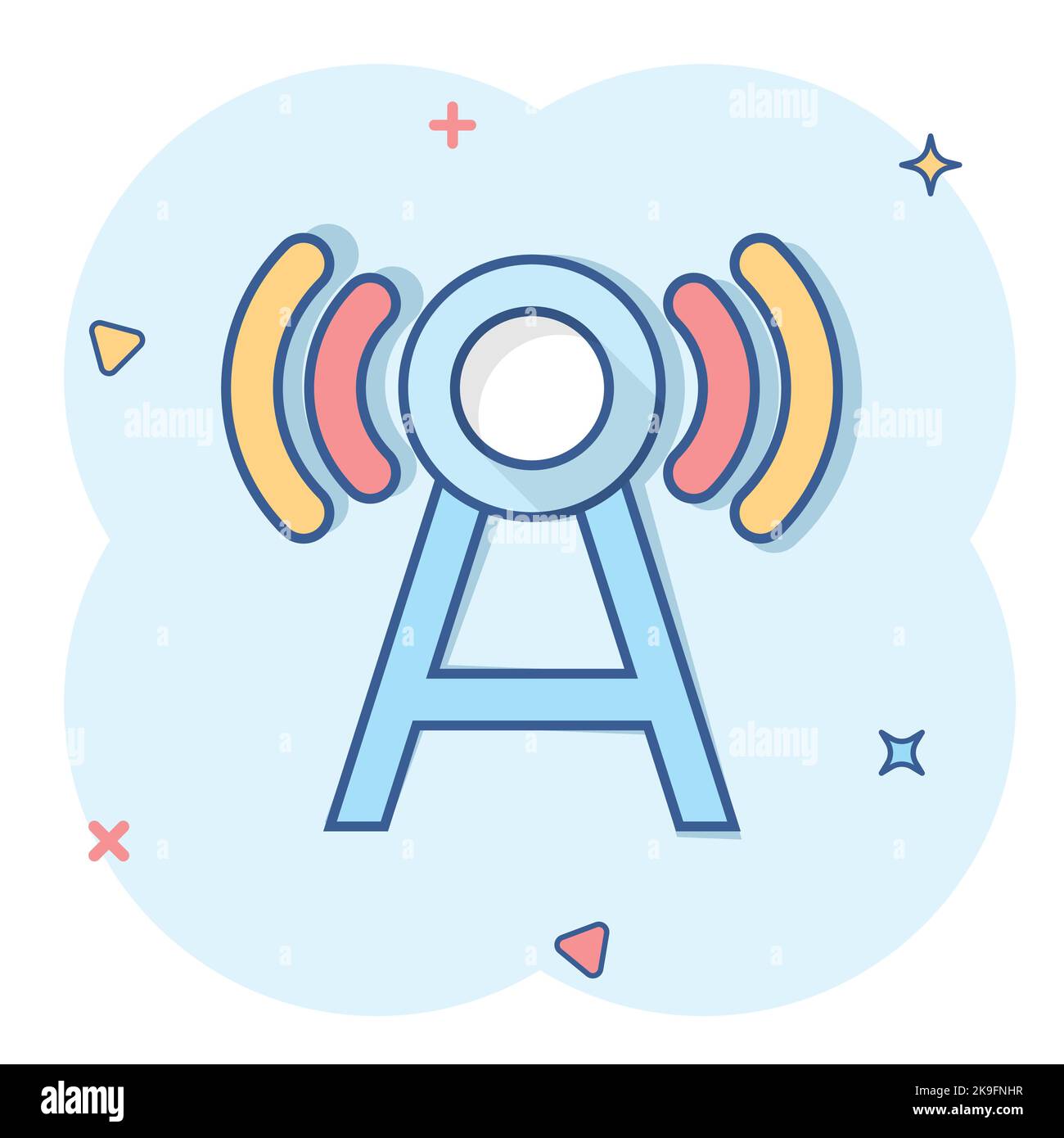 Antennenturm-Ikone im Comic-Stil. Broadcasting Cartoon Vektor-Illustration auf weißem Hintergrund isoliert. Business-Konzept mit WiFi-Splash-Effekt. Stock Vektor