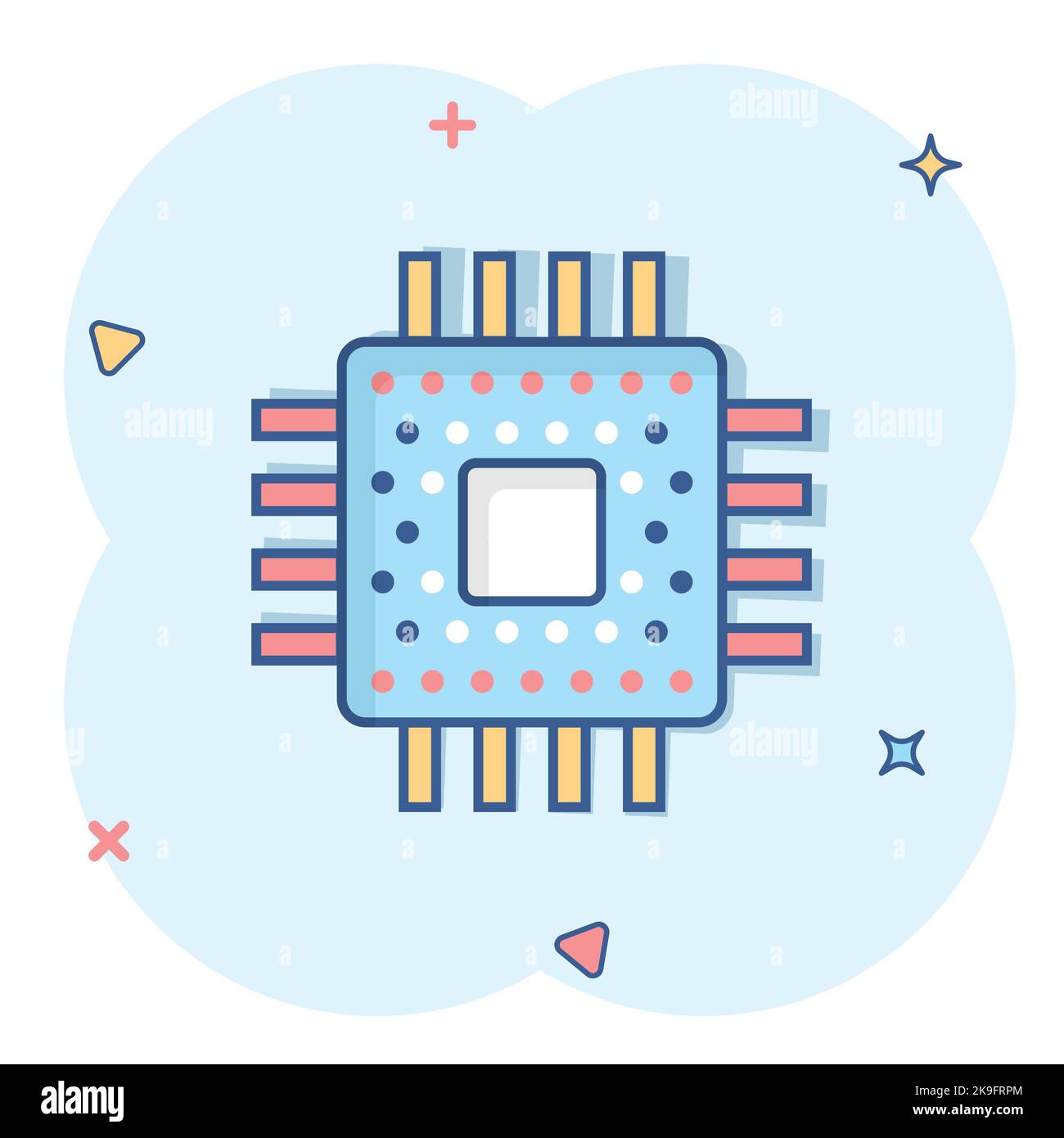 Computer cpu Icon im Comic Stil. Leiterplatte Cartoon Vektor Illustration auf weißem isolierten Hintergrund. Motherboard Chip Splash Effect Business Konz Stock Vektor