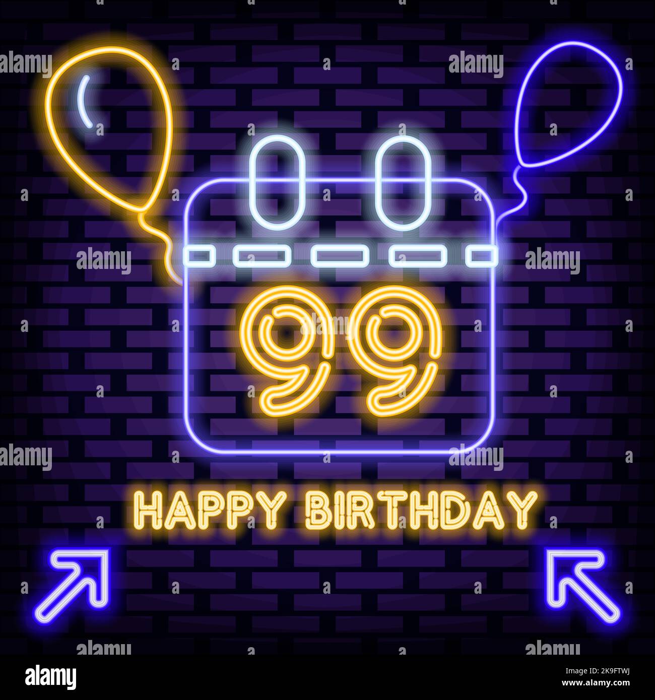 99. Happy Birthday 99 Jahre altes Abzeichen im Neon-Stil. Leuchtet mit buntem Neonlicht. Leuchtreklame. Stock Vektor