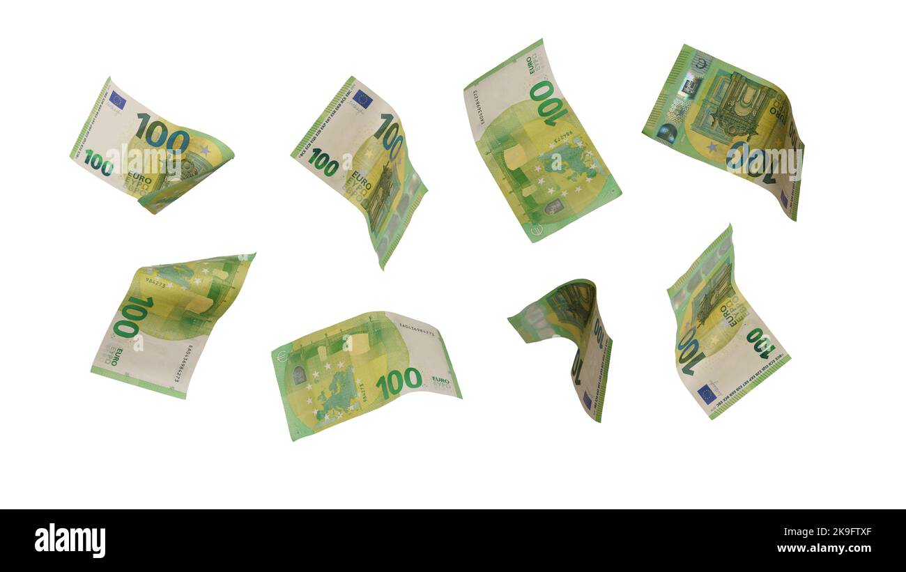 Fliegende 100-Euro-Banknoten isoliert auf weißem Hintergrund. Hochauflösendes Foto. Stockfoto