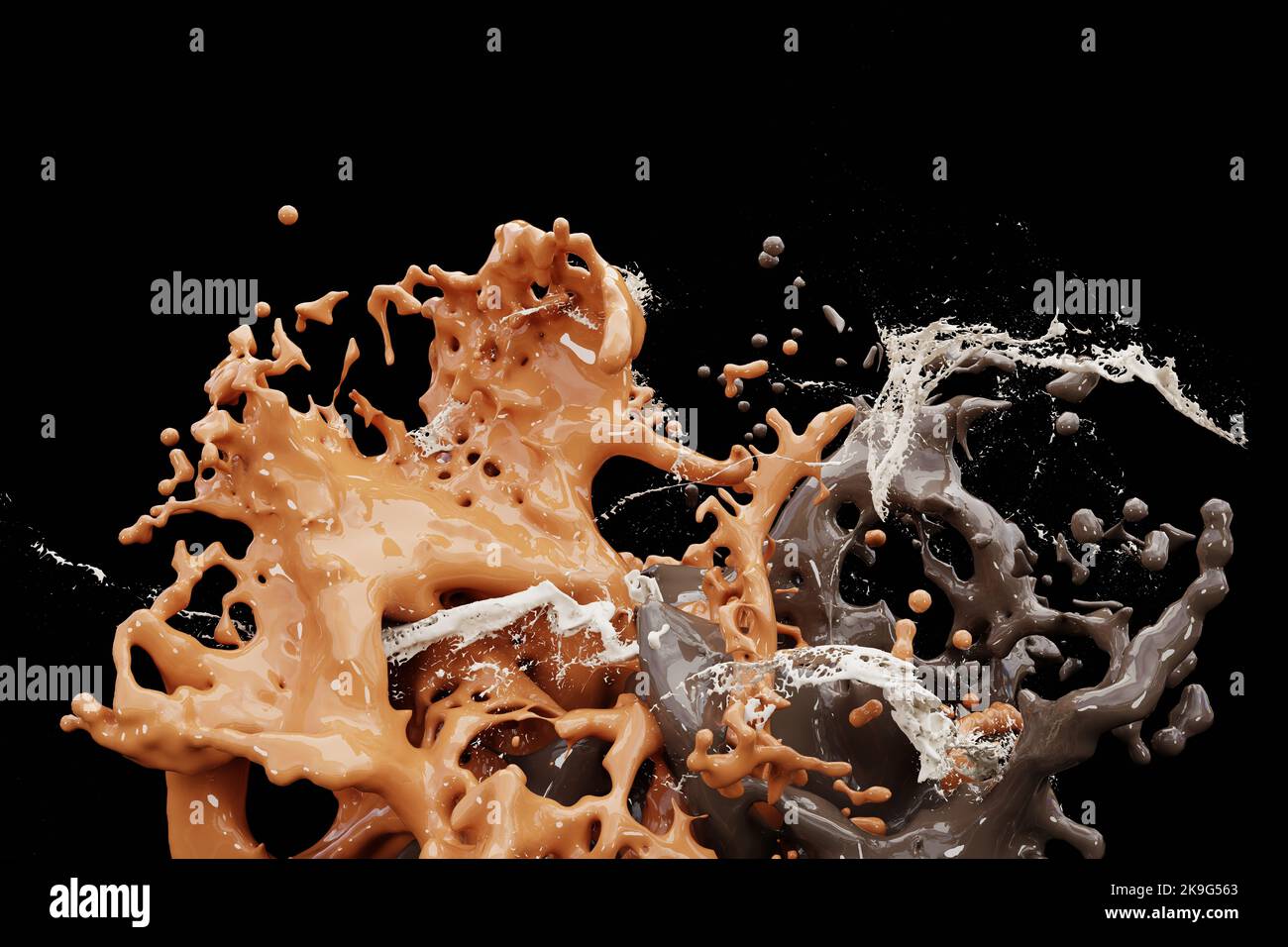 3D Render, White Liquids Splash, Abstract Fluid Background, Coffee Splash Concept Stockfoto
