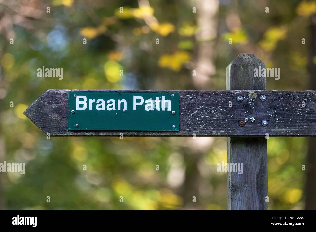 Braan Path-Schild – Eremitage und River Braan Circular Walk, Dunkeld, Perthshire, Schottland, Großbritannien Stockfoto