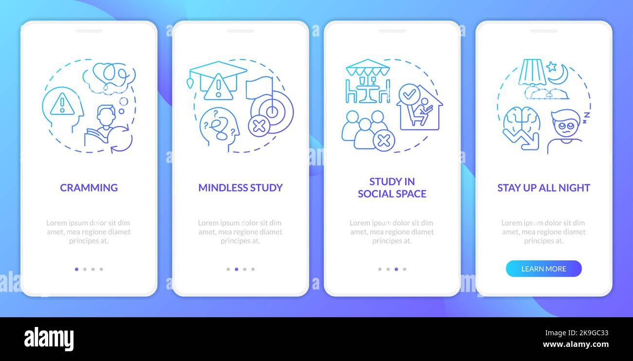 Unproduktive Möglichkeiten, den blauen Gradienten beim Onboarding der mobilen App zu studieren Stock Vektor