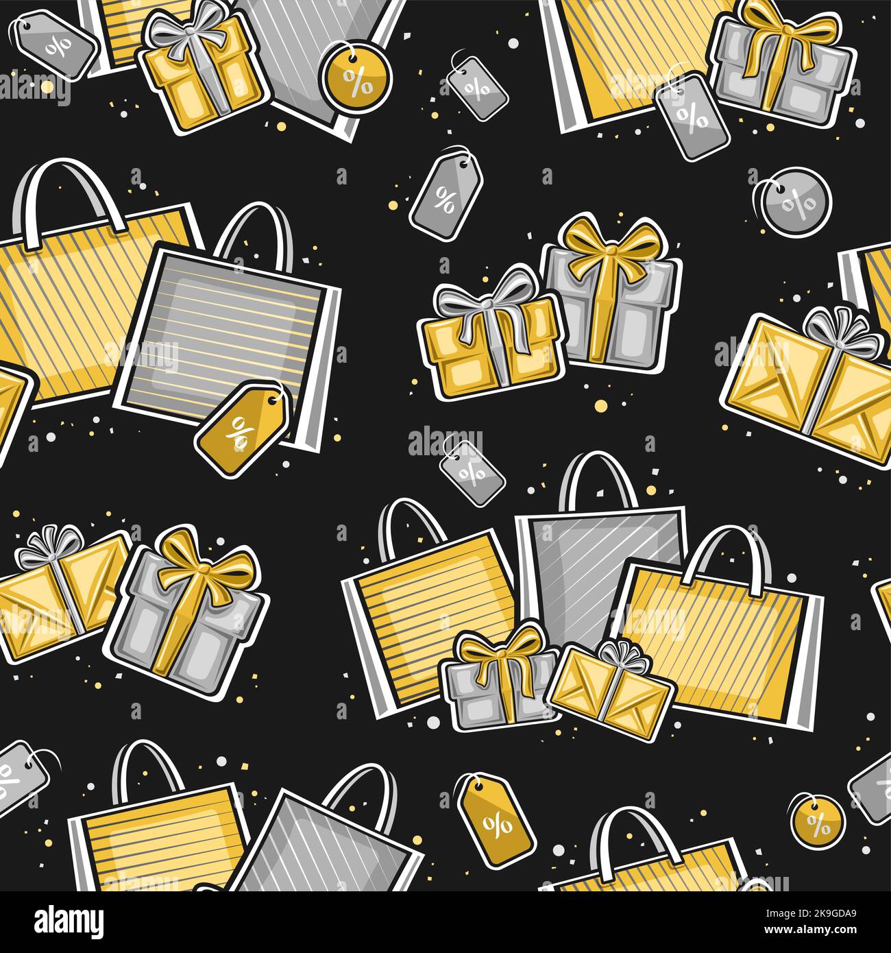 Vector Christmas Sale nahtlose Muster, quadratische Wiederholung Hintergrund mit Illustrationen von Papiertüten, Silber Geschenkboxen und dekorative Preis-Tags auf d Stock Vektor