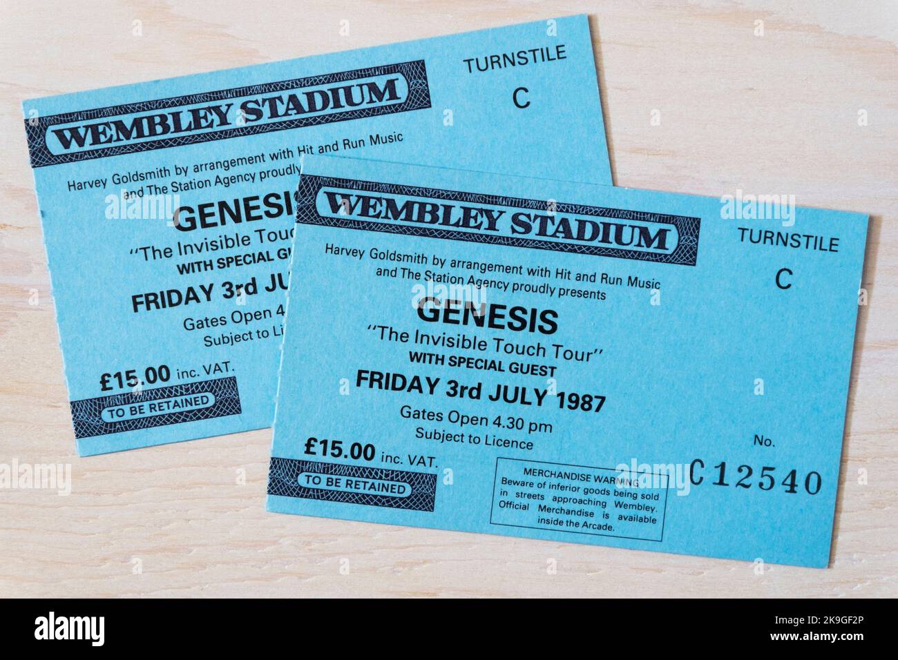 Ticket Stub für ein Konzert der Genesis The Invisible Touch Tour am 3.. Juli 1987 in der Wembley Arena, London, Großbritannien Stockfoto