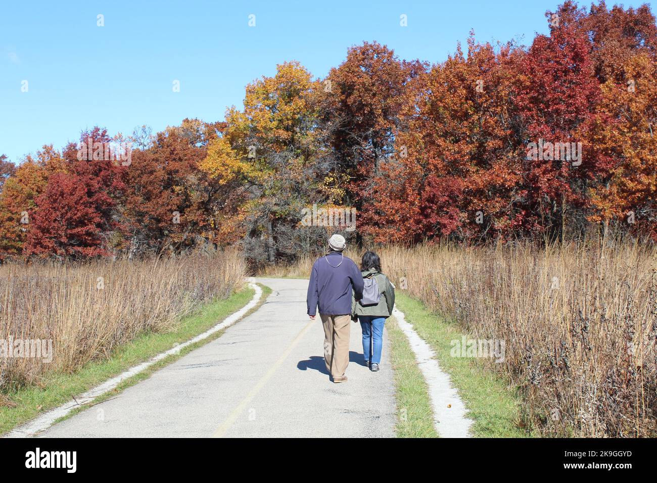 Mann und Frau gehen im Herbst auf dem North Branch Trail in Miami Woods auf einer Wiese Stockfoto