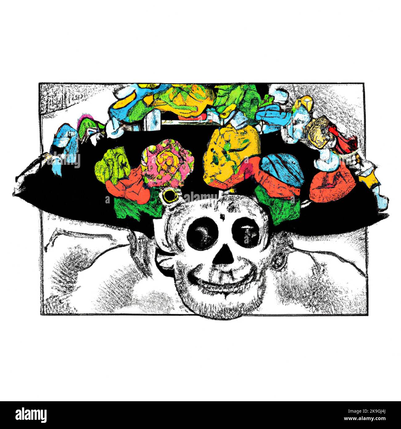 Farbe mit heller mexikanischer Fiesta. Piratenschädel mit einem Fedora-Hut mit breiter Krempe, bedeckt mit hellen Blumen. Zeichnung im Fiesta-Modus. Halloween-Pirat Stock Vektor