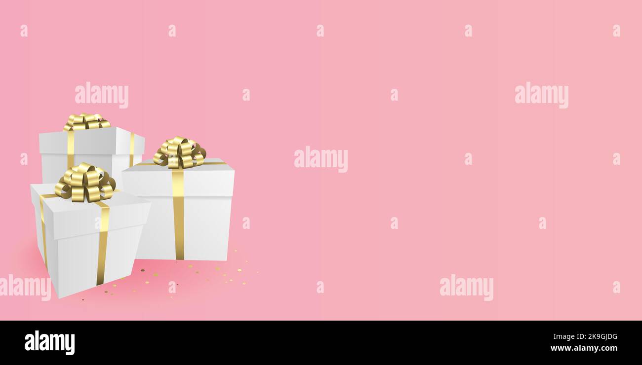 Geschenkboxen mit einer goldenen Schleife Design Banner - Weihnachten und Geburtstag Geschenk Hintergrund Thema Stockfoto