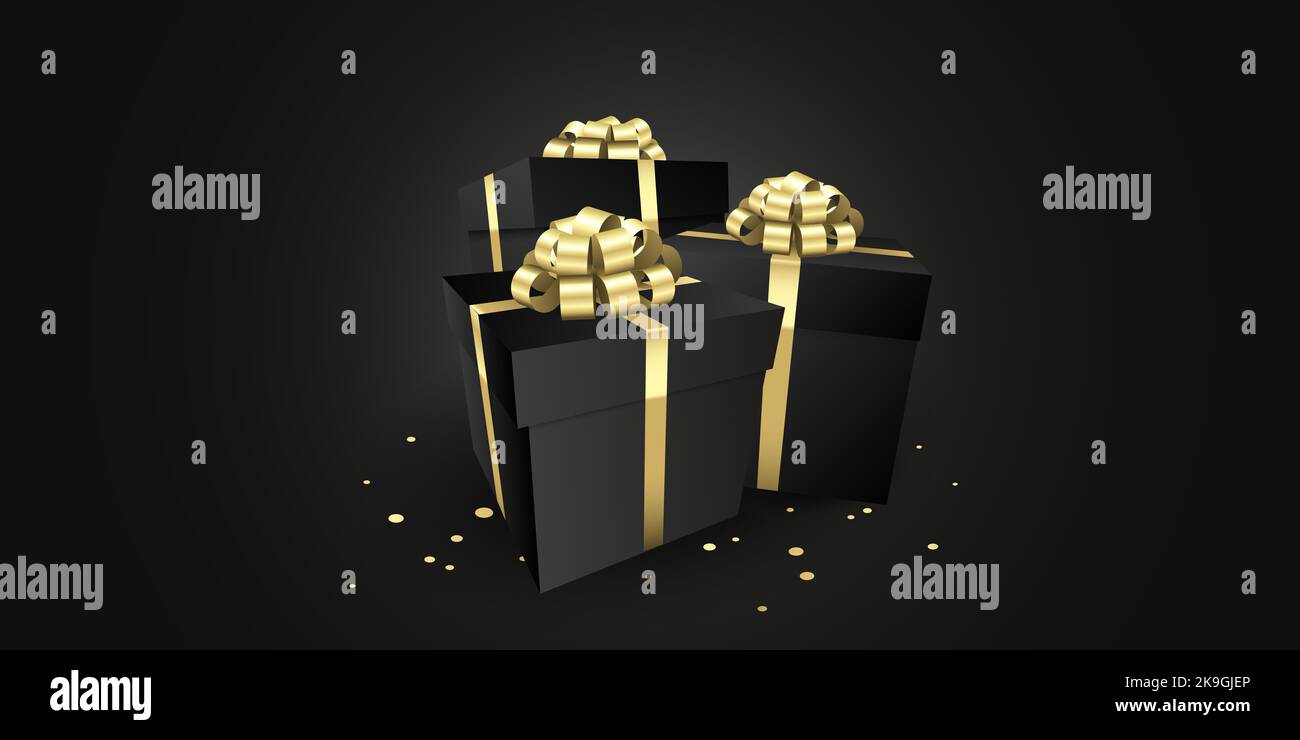 Schwarze Geschenkboxen mit einer goldenen Schleife Design Banner - Weihnachten und Geburtstag Geschenk Hintergrund Thema Stockfoto