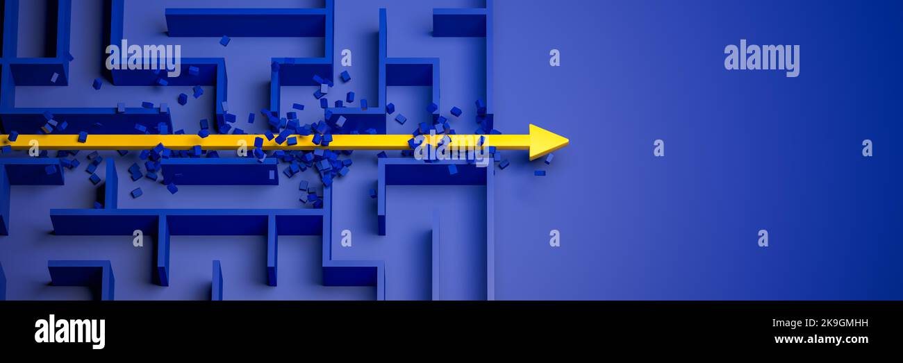 3D Rendering: Konzept - Lösen eines komplexen Problems. Brute-Force-Methode: Durchbrechen der Ziegelwand. Blaues Labyrinth und Boden mit gelbem Lösungsweg Stockfoto