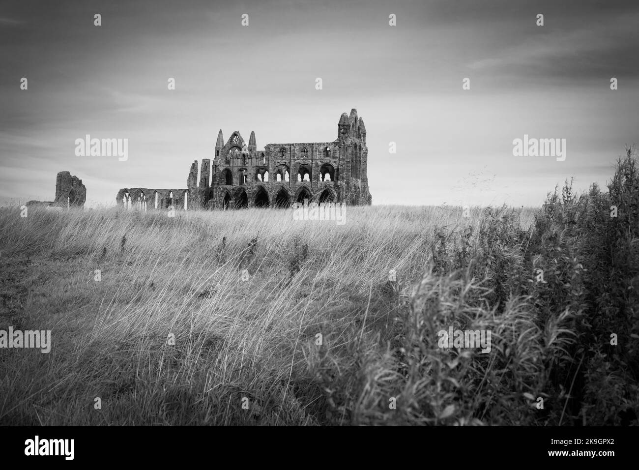 Die Ruinen der Abtei von Whitby in Schwarzweiß, 24.. Oktober 2022 Stockfoto