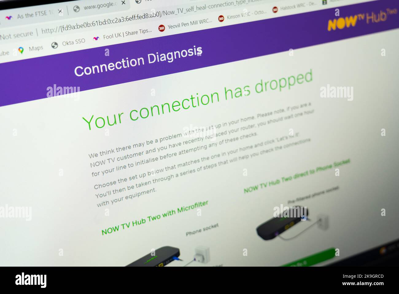 Ein Problem der WFH (Arbeit von zu Hause aus) ist eine lückenhafte und unterbrochene Internetverbindung. Die Internetverbindung hat die Nachricht auf einem Laptop-Bildschirm, Großbritannien, verworfen Stockfoto