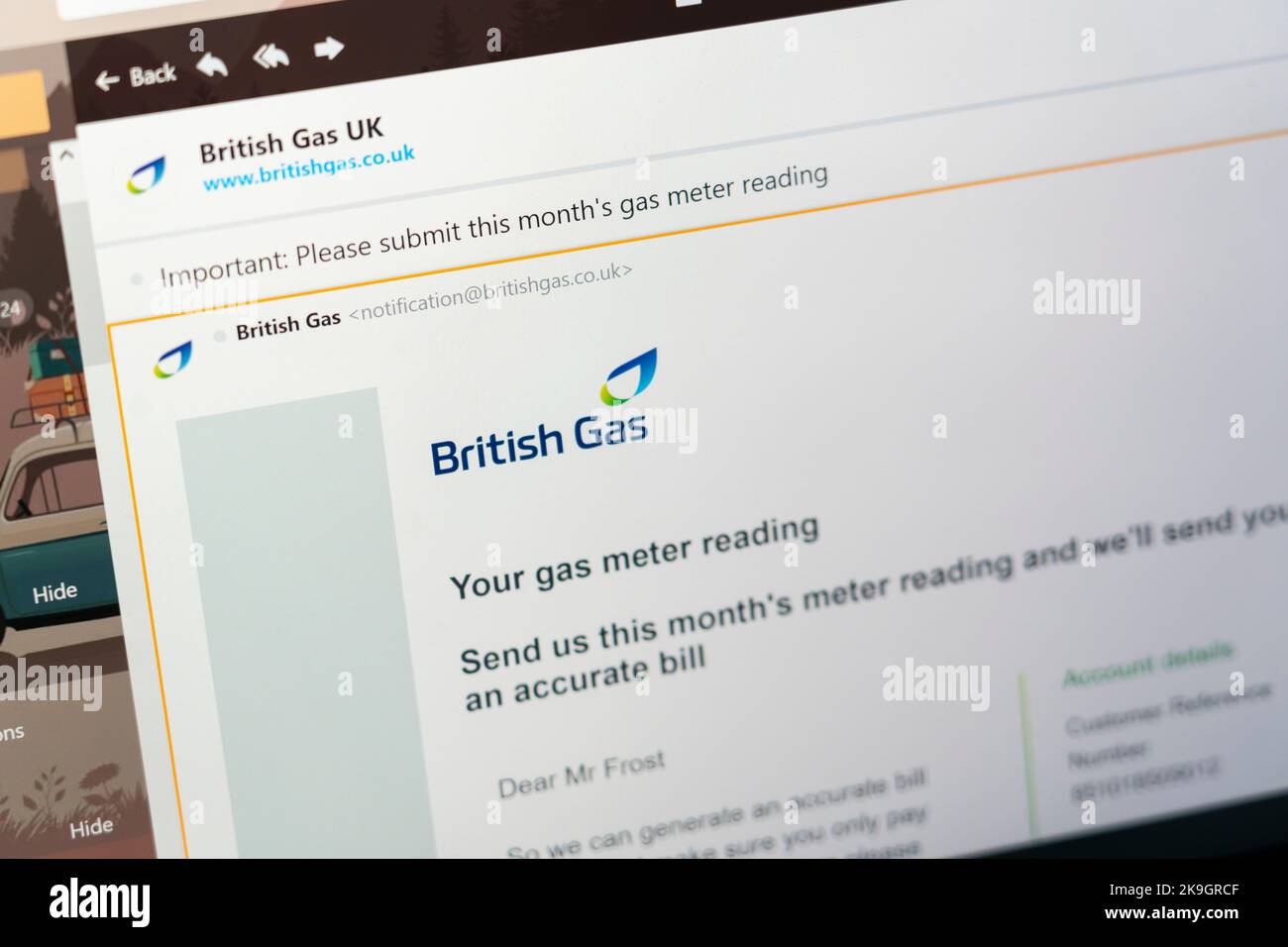 E-Mail an einen britischen Kunden von British Gas mit der Bitte, dass ein Gaszähler angezeigt wird, damit dem Kunden eine genaue Rechnung berechnet werden kann. England Stockfoto