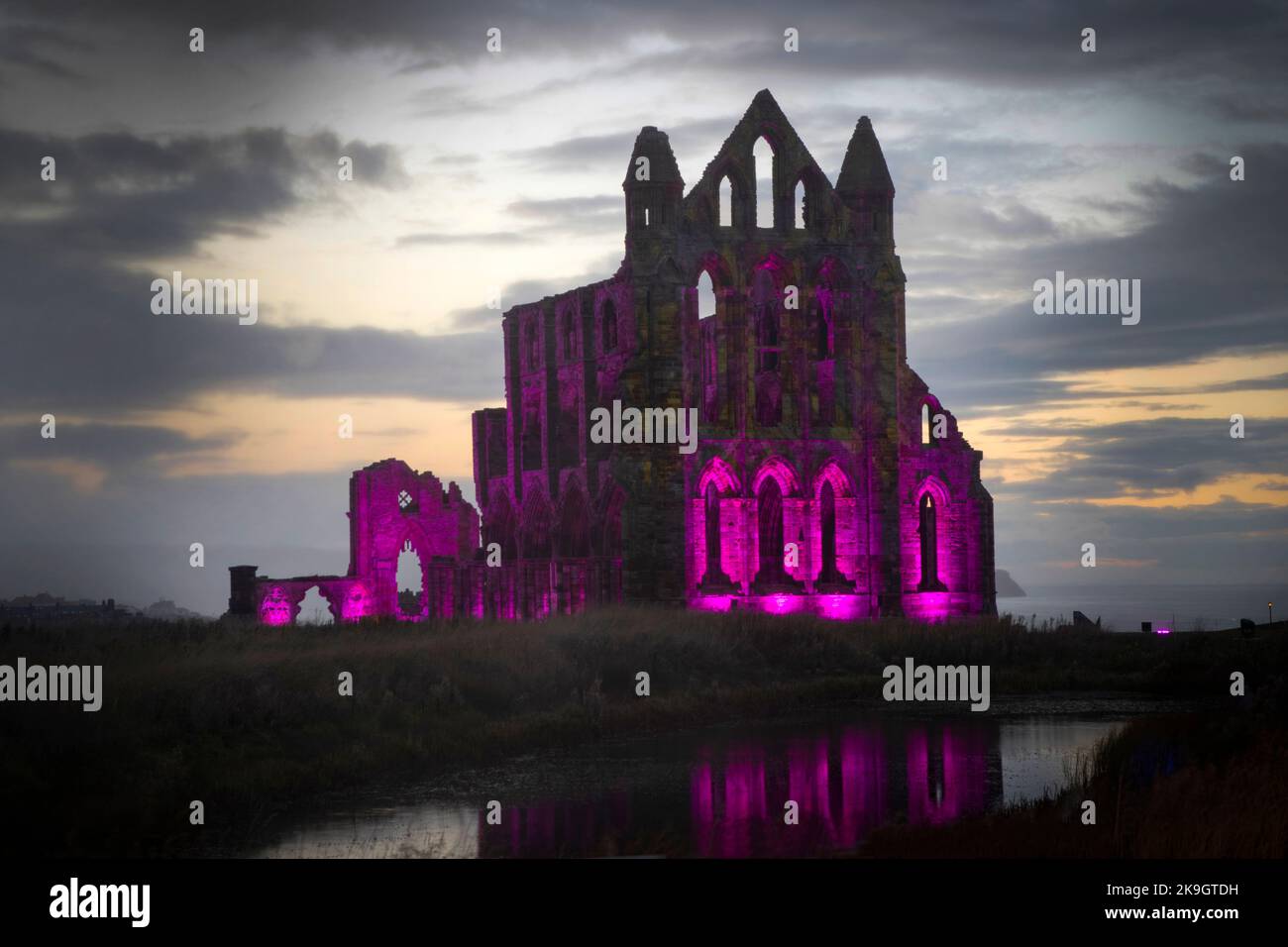 Die Ruinen der Whitby Abbey erstrahlen im Rahmen der 125-jährigen Feier von Dracula, Whitby, North Yorkshire, am 24.. Oktober 2022 in Pink Stockfoto