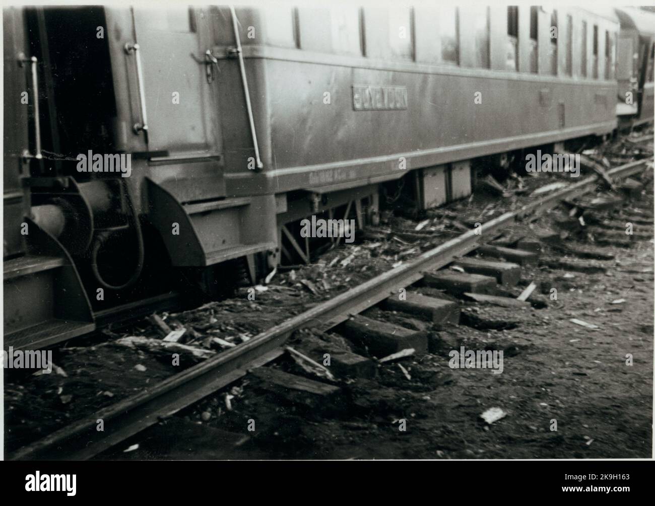 Der Unfall in Pålsboda im Jahr 1951. Deprimiert Norwegens Staatsbanken, NSB schlafenden Auto. Stockfoto