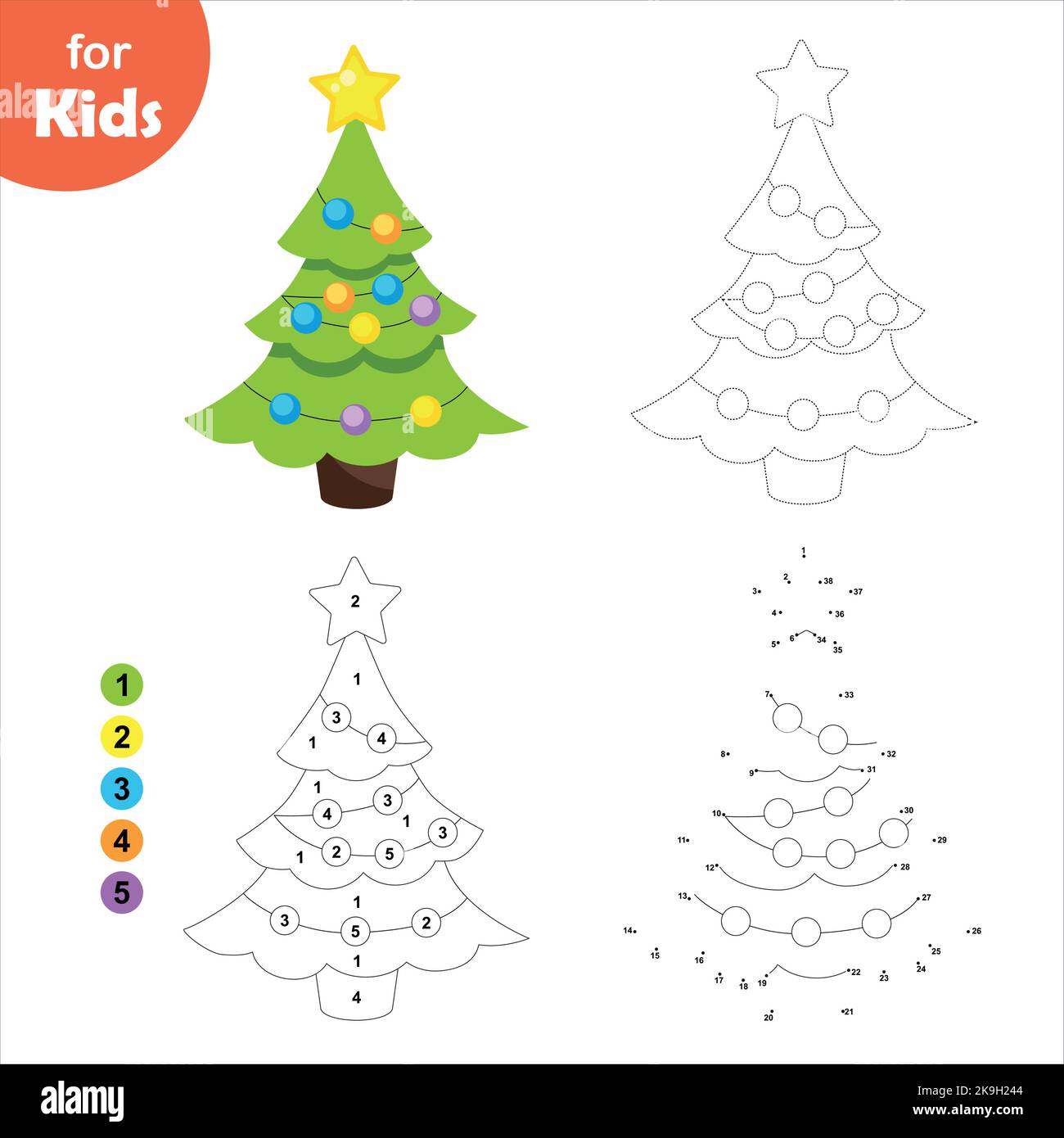 Weihnachtsbaum, eine Reihe von Kinderspielen entwickeln. Punkt für Punkt, Färbung. Stock Vektor