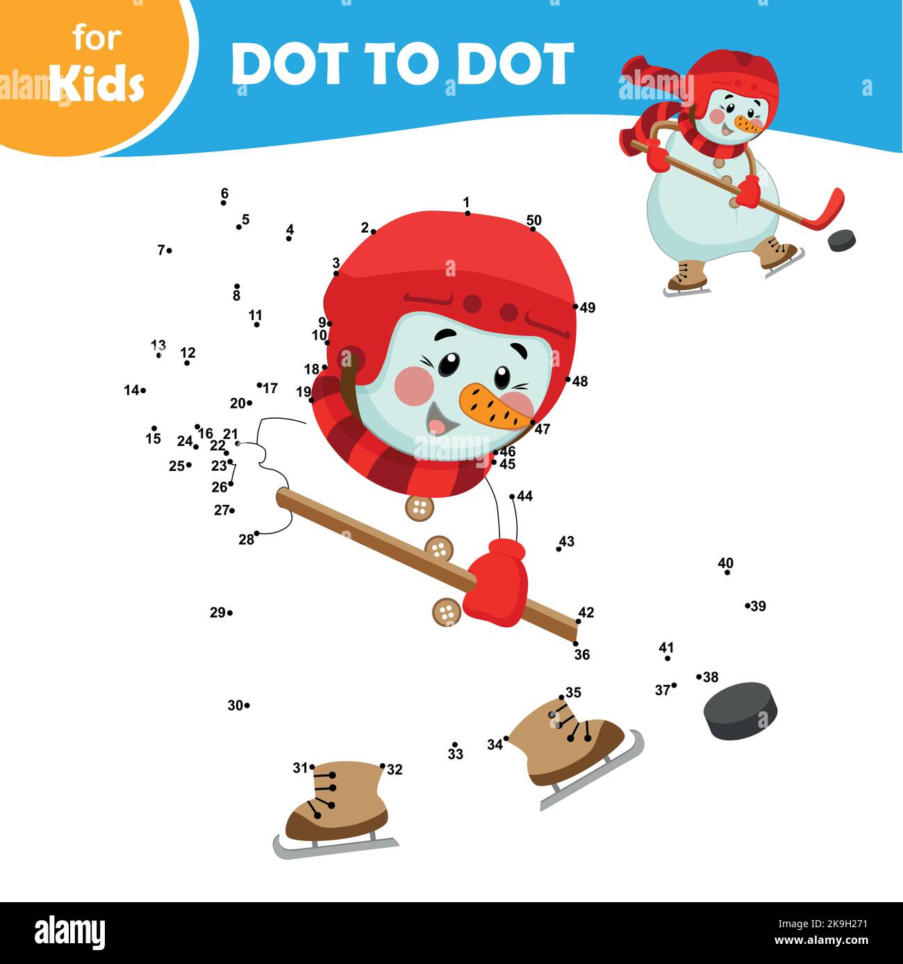 Pädagogisches Spiel für Kinder. Punkt für Punkt. Niedliche Schneemann Winter-Serie Mini-Spiele Stock Vektor