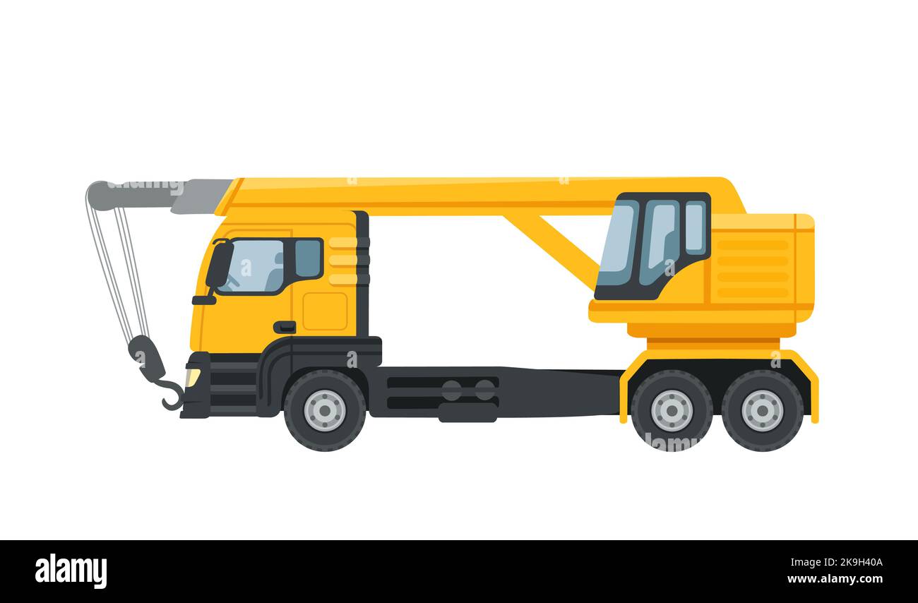 Gelbe Kranwagen schwere industrielle Maschine Vektor-Illustration isoliert auf weißem Hintergrund Stock Vektor
