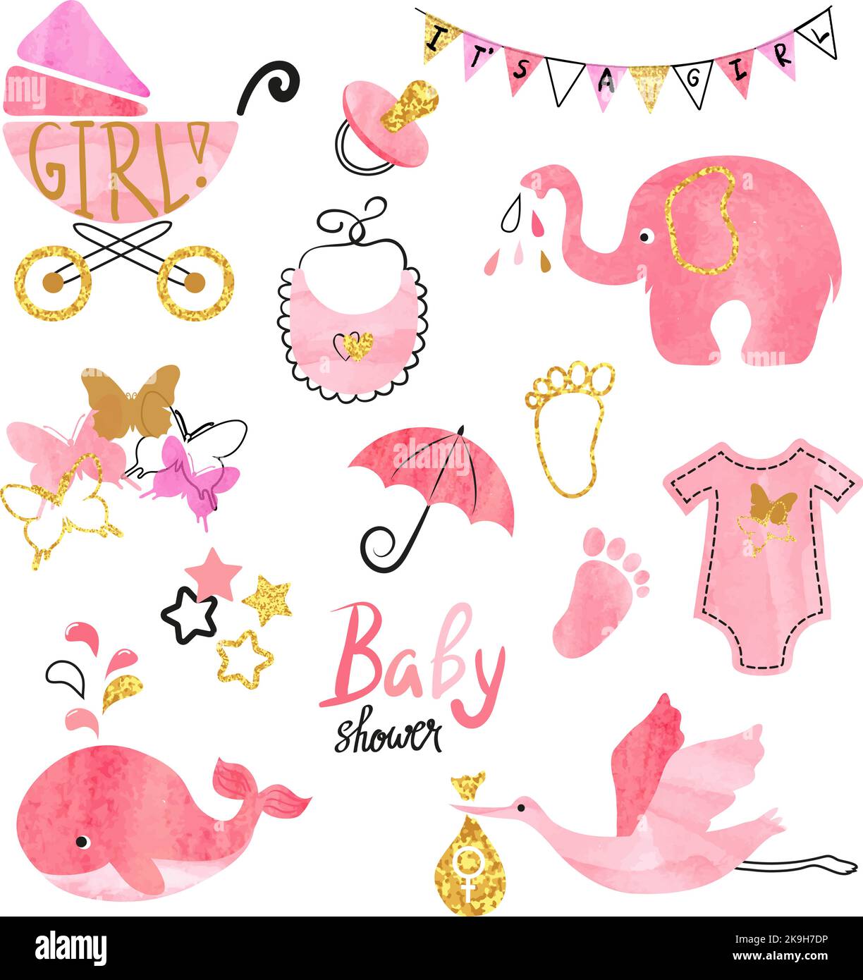 Aquarell-Baby-Dusch-Mädchen-Set. Kollektion von Vektordesignelementen Stock Vektor