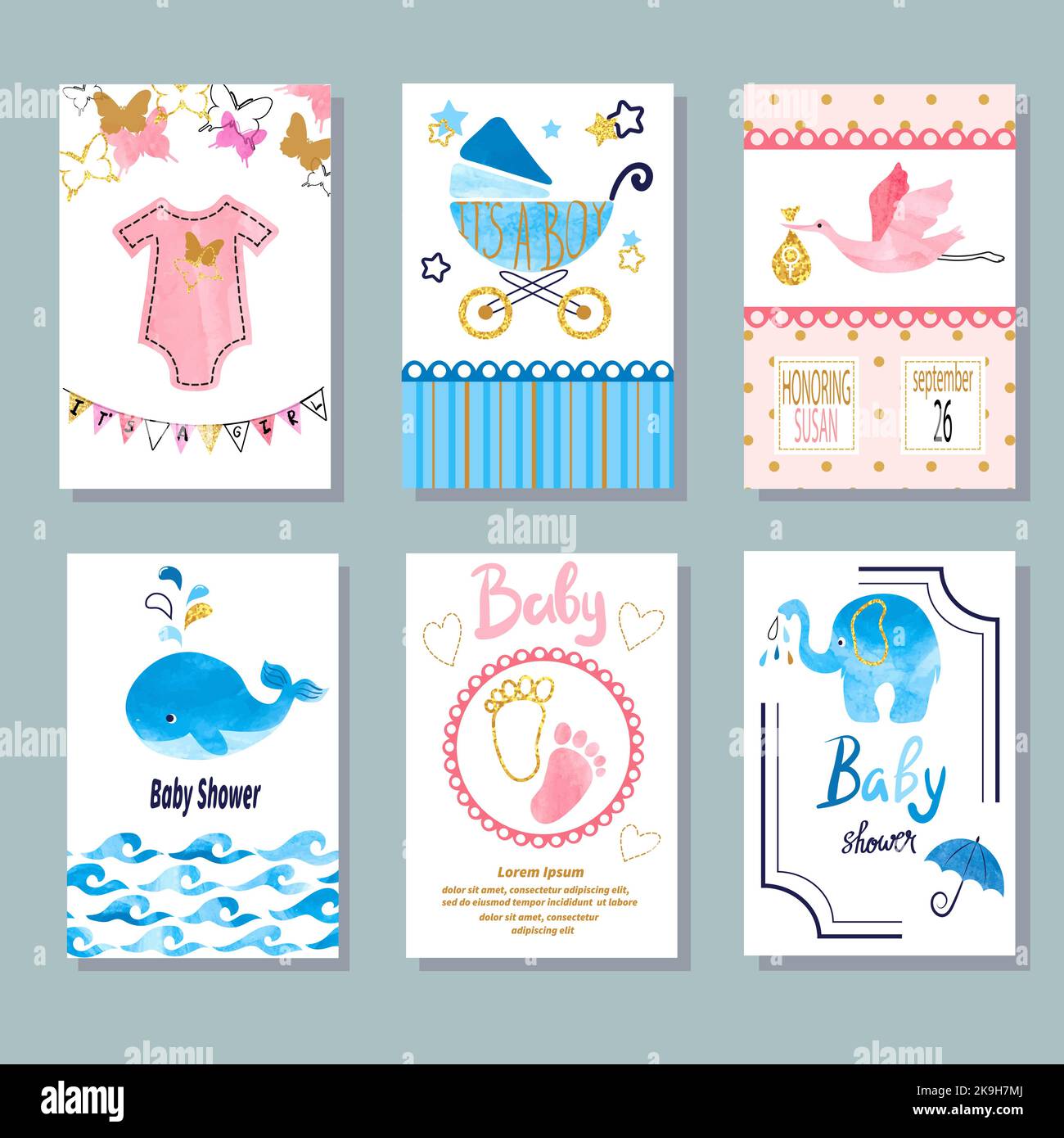 Wasserfarbenes Baby-Duschset. Design für Vektor-Neugeborenen-Feier und Einladungskarten Stock Vektor