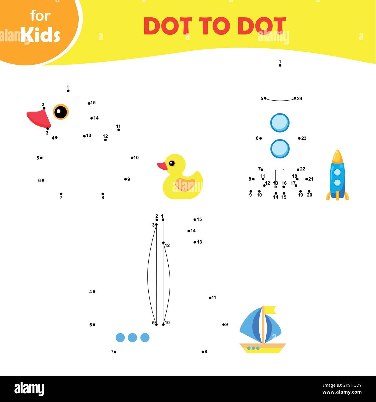 Pädagogisches Spiel für Kinder. Punkt für Punkt. Set aus drei Elementen, Ente, Rakete, Boot Stock Vektor