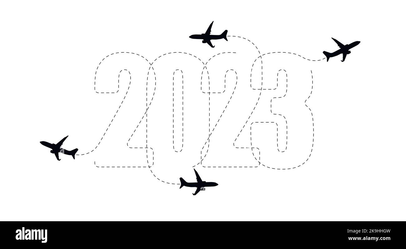 Frohe Weihnachten und Neujahrskonzept. Die Strecke des Flugzeugs im Jahr 2023. Stock Vektor