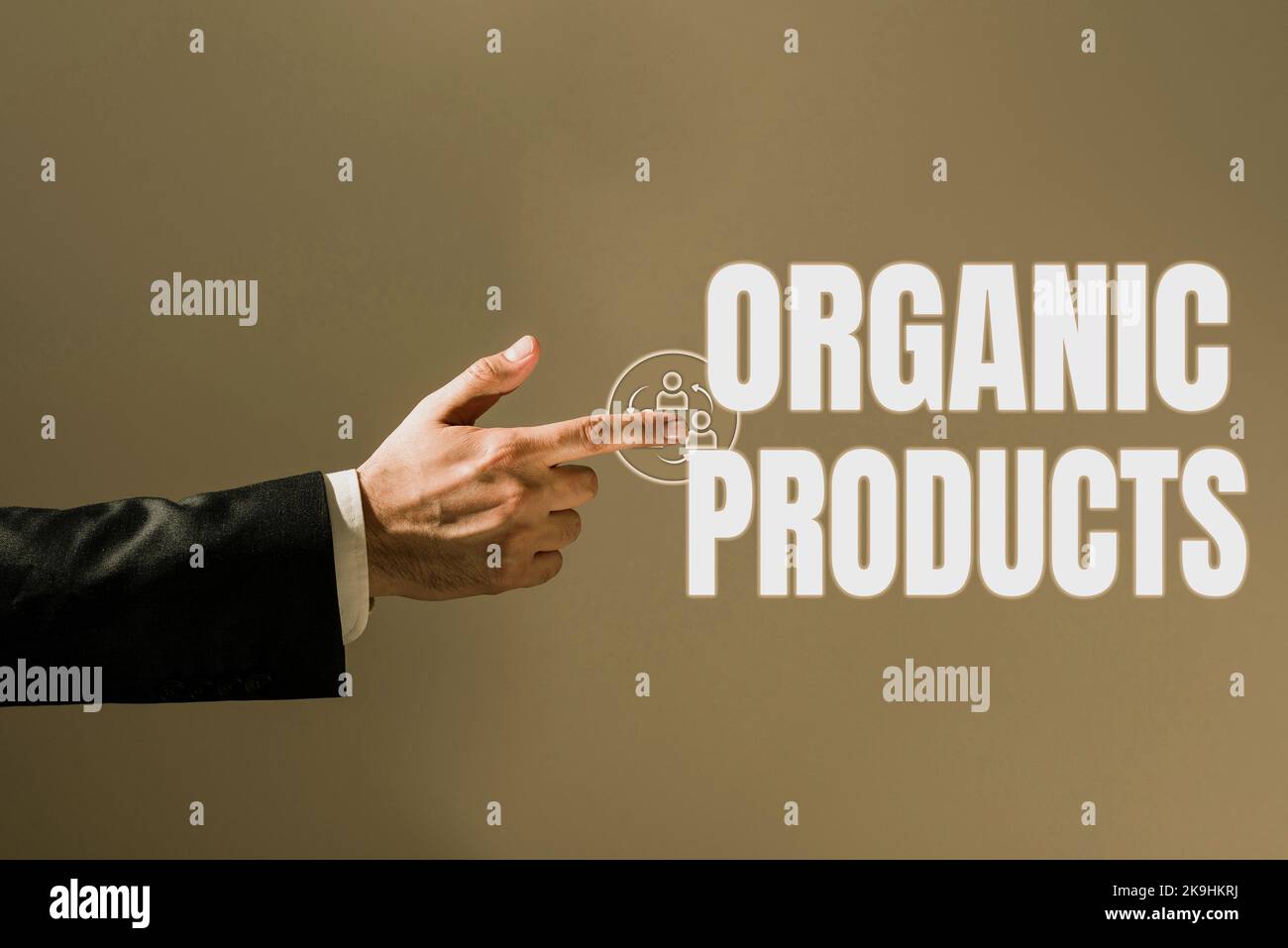 Schild mit Bio-Produkten. Konzeptuelle Fotoumgebung, in der die Verwendung von Papier entfällt Stockfoto