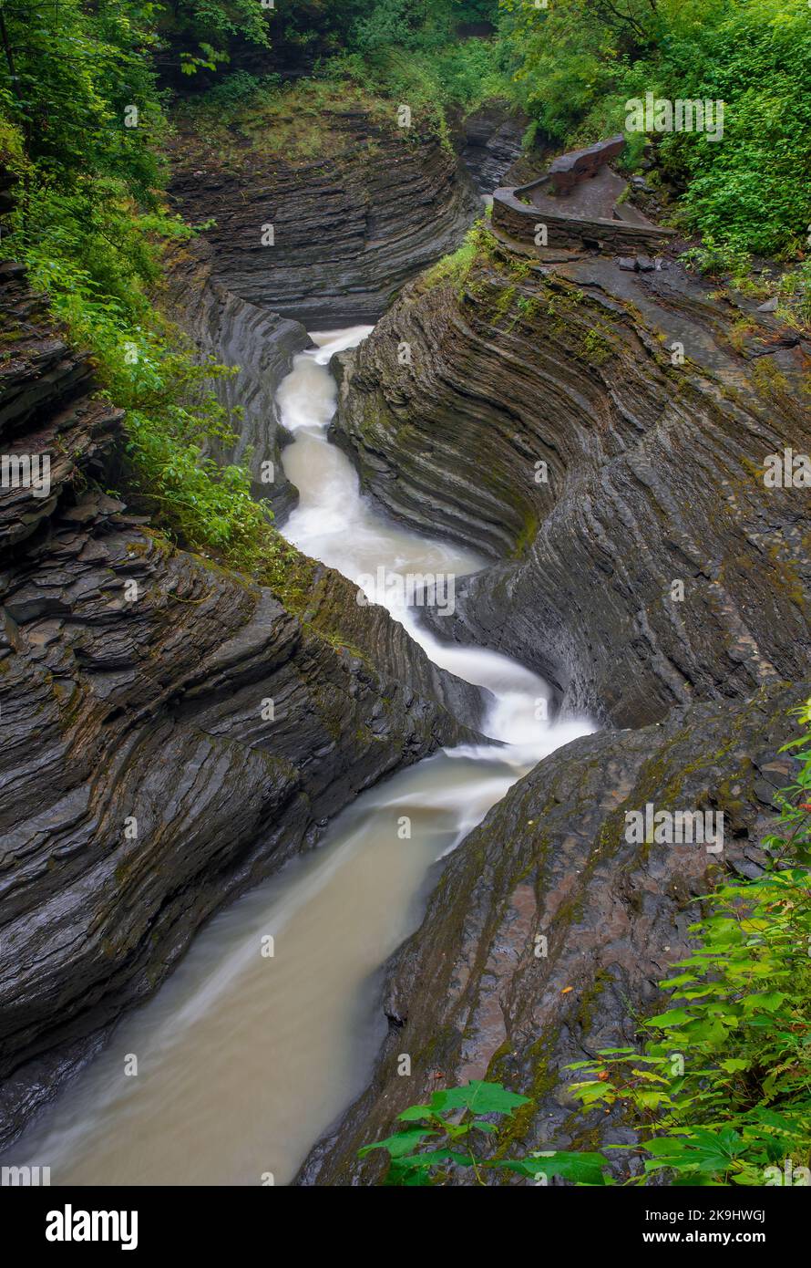 Enfield Creek fließt durch die Enfield Gorge im Robert Treman State Park, Tompkins County, New York Stockfoto