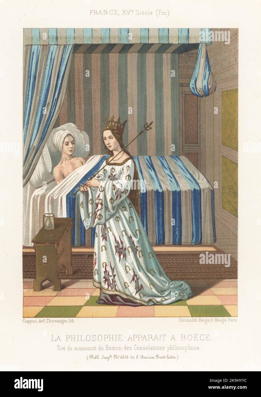 Die Philosophie erscheint einem schlafenden Boethius, Frankreich, Ende des 15.. Jahrhunderts. Philosophie mit Krone und Zepter steht vor Boethius in seinem Schlafzimmer. Entnommen aus einem Manuskript von Boethius, De Consolatione Philosophiae, MS 6643, Ancien Fonds Latin, Bibliotheque Imperiale. La Philosophie apparait a Boece. Chromolithographie von Thurwanger nach einer Illustration von Claudius Joseph Ciappori aus Charles Louandres Les Arts Somptuaires, The Sumptuary Arts, Hangard-Mauge, Paris, 1858. Stockfoto