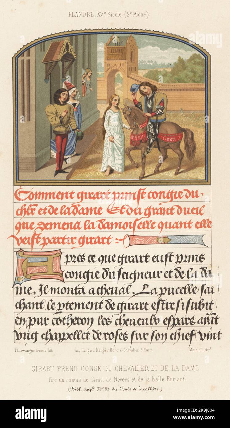 Gerard de Nevers verlässt den Ritter und die Dame, Frankreich, später 15. Jahrhundert. Damen in Hennin-Hüten und -Mänteln, Männer in Doppelbeinen, Schlauch und Cracows. Girard Prend Conge du chevalier et de la dame. Frankreich, XVe siecle. Aus dem Roman de Girart de Nevers, Fonds de la Valliere MS 22, Bibliotheque Imperiale. Chromolithographie der Thurwanger Brüder aus Charles Louandres Les Arts Somptuaires, The Sumptuary Arts, Hangard-Mauge, Paris, 1858. Stockfoto