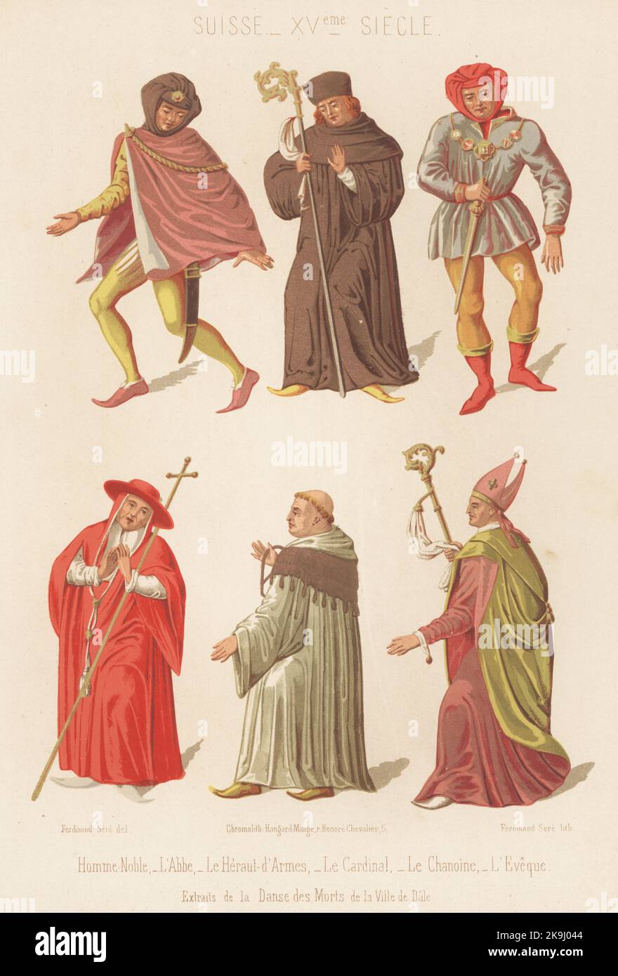 Schweizer Männerkostüme, 15.. Jahrhundert. Adliger, Abt, Herold, Kardinal, Kanon und Bischof. Homme noble, l'abbe, le heraut-d'armes, le Kardinal, le chanoine, l'eveque. Suisse, XVe siecle. Von Danse des Morts in Basel. Chromolithographie von Ferdinand Sere aus Charles Louandres Les Arts Somptuaires, The Sumptuary Arts, Hangard-Mauge, Paris, 1858. Stockfoto