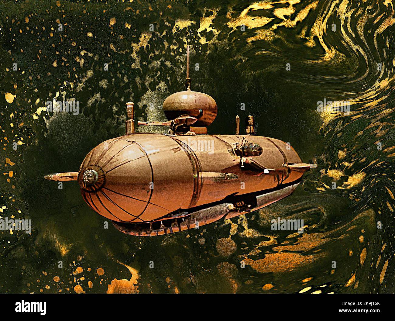 Ein Steampunk Steam Punk-U-Boot reist durch die Außengrenzen der Galaxis auf der Suche nach Abenteuern oder vielleicht einem Platz auf einem coolen Retro-Buchcover. Stockfoto