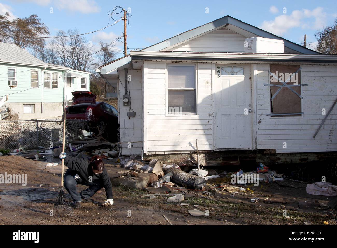 Staten Island, New York/ USA – 3. November 2012: Schäden durch Hurrikan Sandy im Graham Beach-Teil von Staten Island, New York, Samstag, 3. November 2012. (Foto: Gordon Donovan) Stockfoto