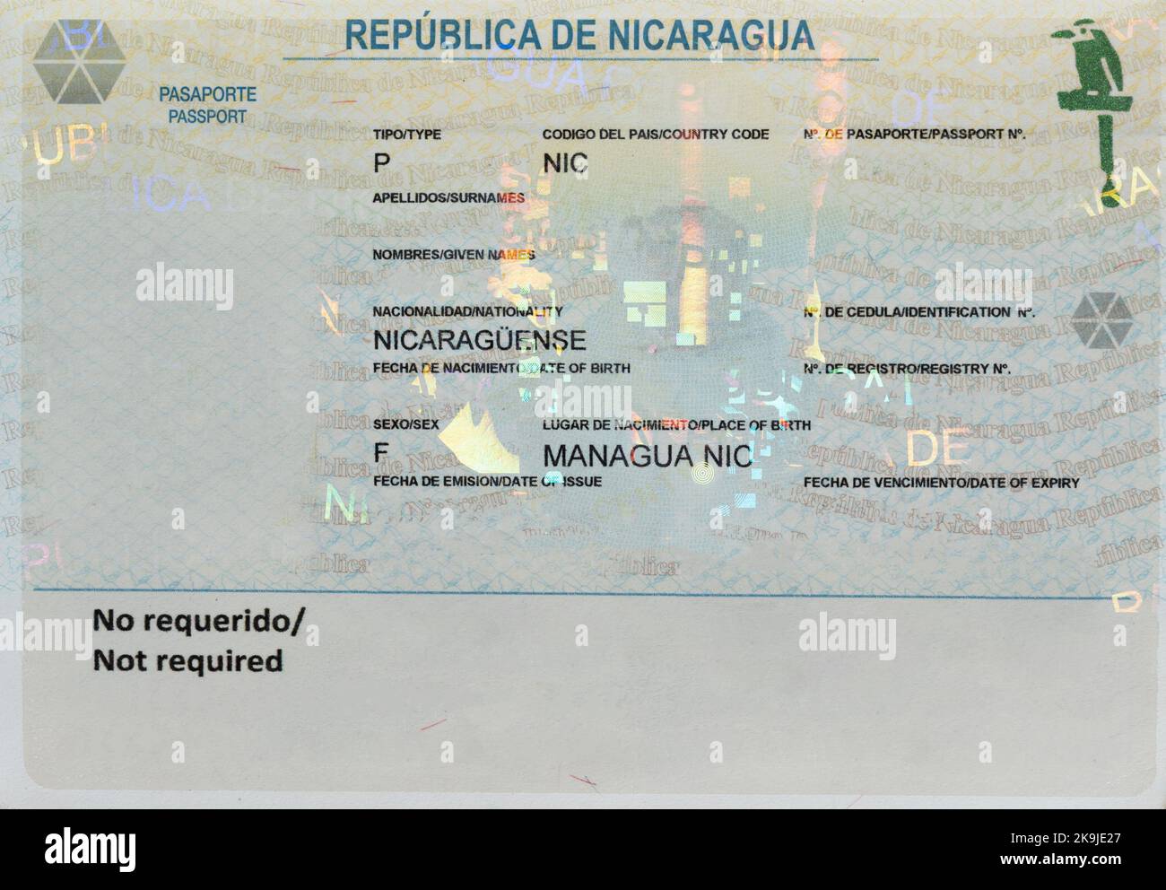 Leere leere Seite des Nicaragua-Reisepasses mit Platz für Kopien Stockfoto
